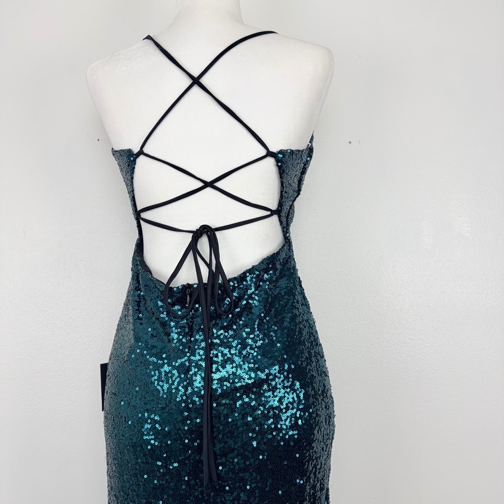 NWT Lulus Sequin Midi Dress‎ XL Teal Lace Up Back Sparkling Party Prom Stretch - Picture 6 of 14